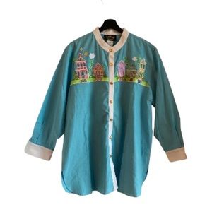 Bob Mackie 100% Cotton Shirt Blue White Plus 1X Artsy Beach Vacation Cruise